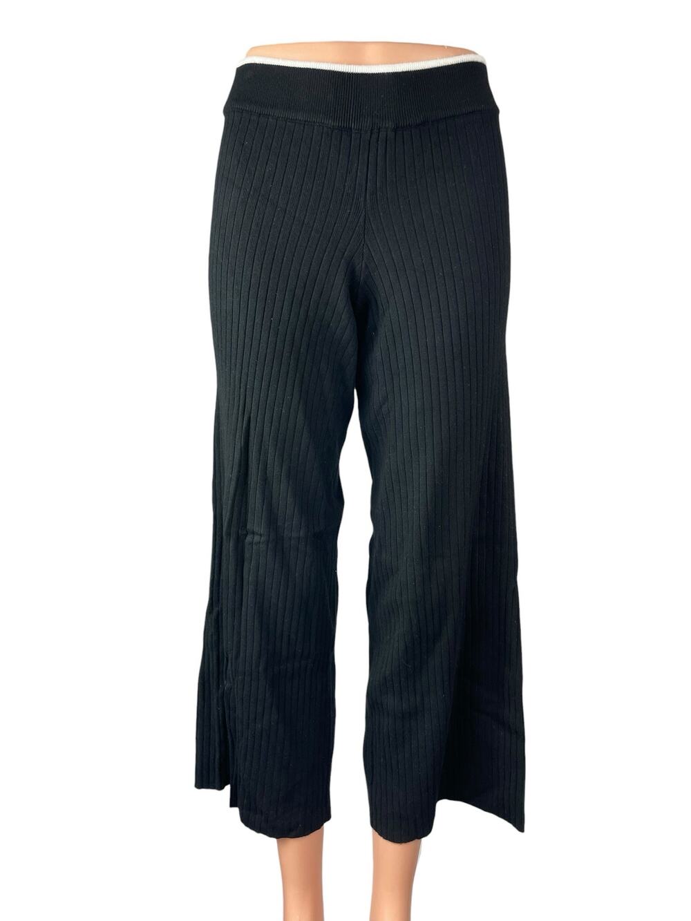 Marled Women's Black Ribbed Knit High Rise Wide Leg Cropped Trousers Pants Sz XS